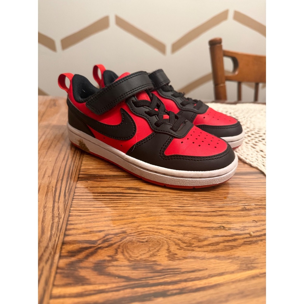 Nike Court Borough Low 2 Kids Size 11C Red Black Hook and Loop Sneakers